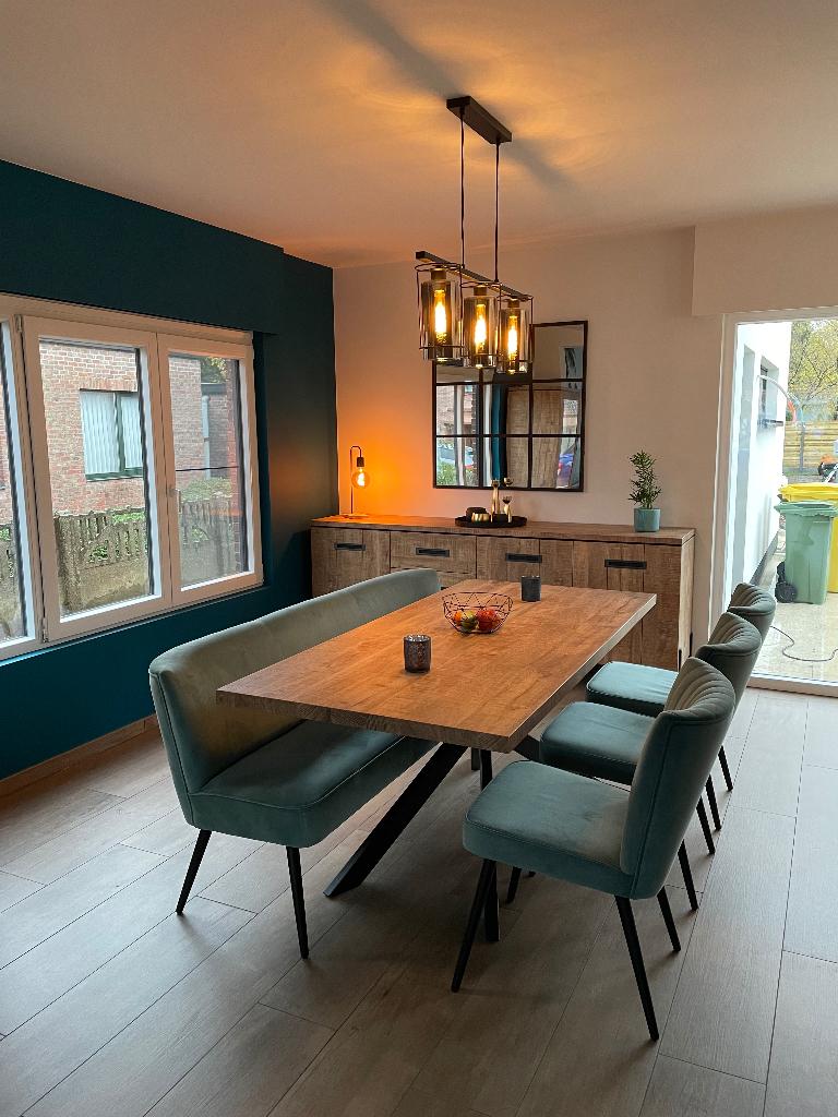 Eettafel mangohout, Ophalen, 50 tot 100 cm, Zo goed als nieuw, Vijf personen of meer