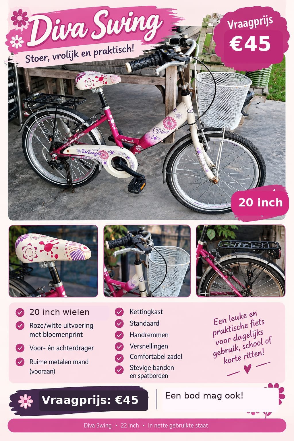 Fiets Meisjes Roos 20 inch, Ophalen, Gebruikt, 20 inch