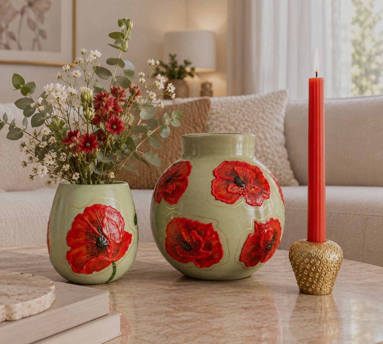 Unieke Handbeschilderde Poppy Vaas 3D bloemen (set 3) ByJ&S, Huis en Inrichting, Overige kleuren, 25 cm, Nieuw, Ophalen of Verzenden