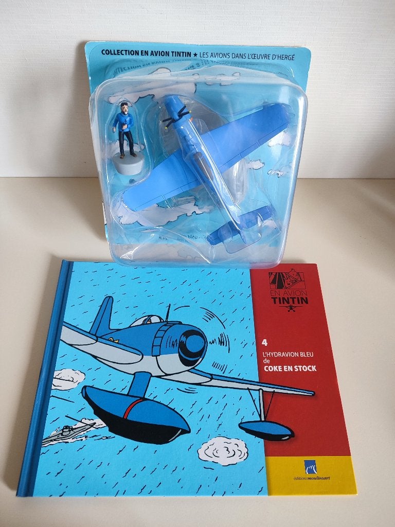 Kuifje Tintin en avion 4: Vliegtuig, staander, beeldje, boek, Ophalen of Verzenden, Kuifje, Nieuw, Beeldje of Figuurtje