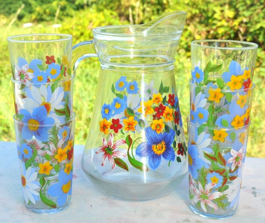 service a limonade cruche + 6 verres decor floral vintage, Service complet, Enlèvement ou Envoi, Vintage, Comme neuf
