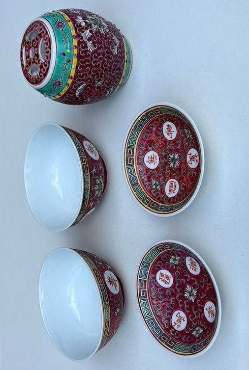 Chinees Mun Shou Porselein,5-delige Set Koraalrood), Ophalen of Verzenden