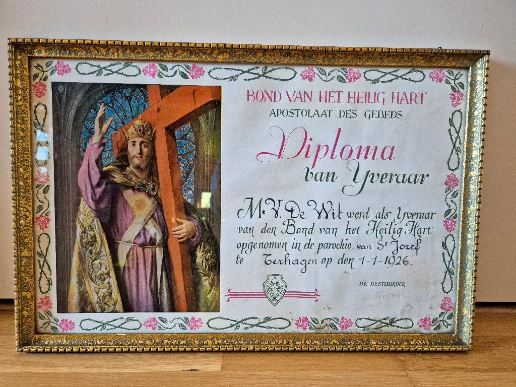 diplôme 1926 calligraphie, cadre doré, verre doré Terhagen, Antiquités & Art, Enlèvement ou Envoi