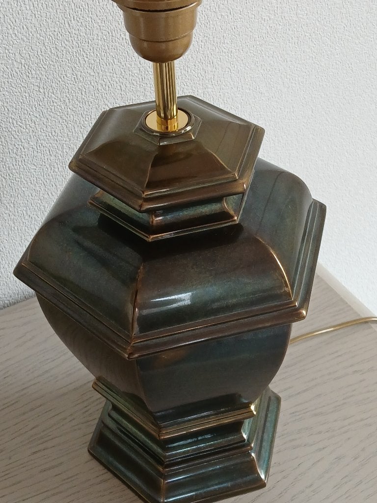 Rustieke lampedaire op metalen voet met linnen kap, Huis en Inrichting, Ophalen, E27 (groot), Met kap, Klassiek