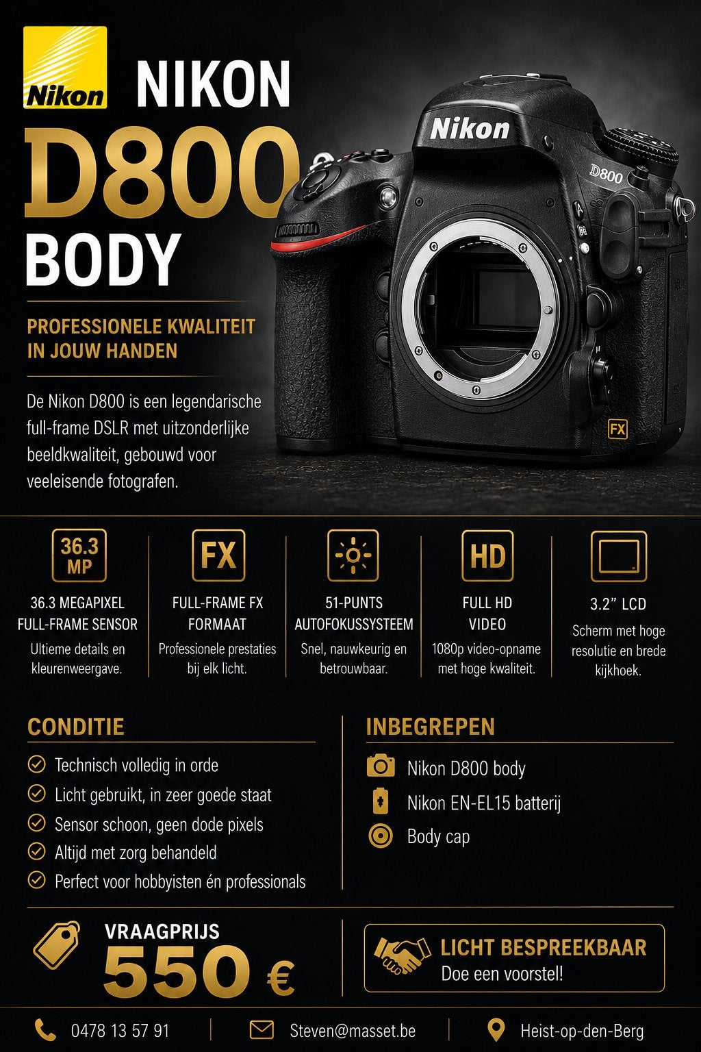 Nikon D800 Body In perfecte conditie, Audio, Tv en Foto, Ophalen, Zo goed als nieuw