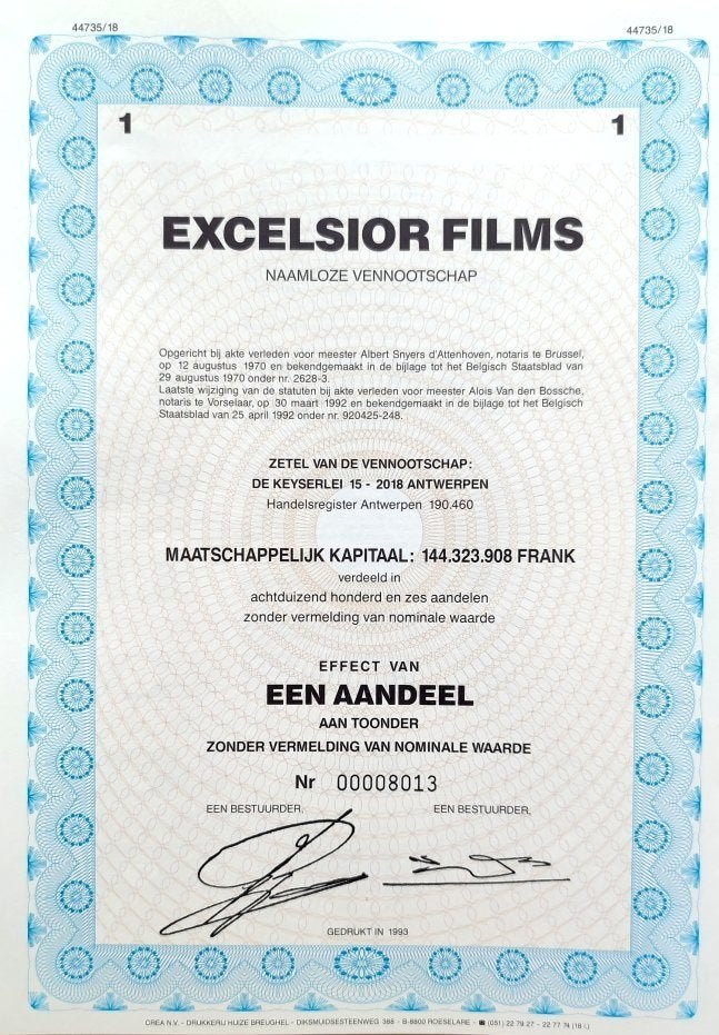 Excelsior Films (Antwerpen) 1992/93, Postzegels en Munten, Aandelen en Waardepapieren, Ophalen of Verzenden, 1970 tot heden, Aandeel