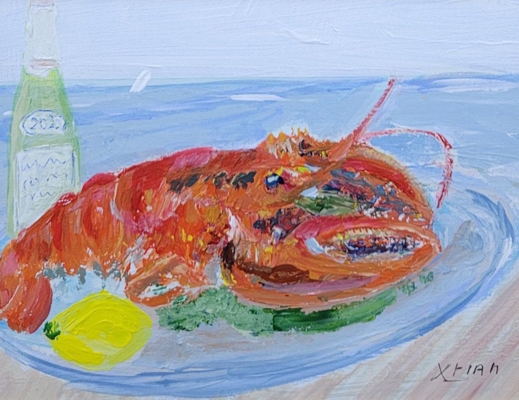 XTIAN, the lunch and the lobster, Antiek en Kunst, Ophalen of Verzenden, Handgeschilderd, Bloemen, Doek