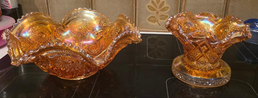 Prachtige Set Vintage Carnival Glass Marigold Iriserend Glas, Ophalen of Verzenden