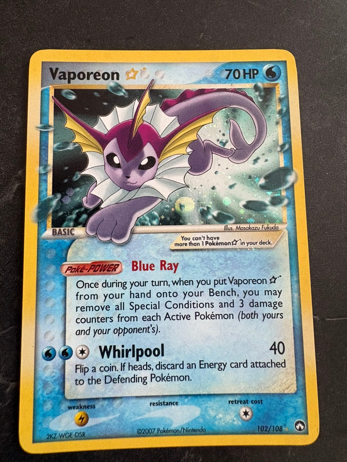 Pokémon Vaporeon Gold Star 102/108 EX Power Keepers – LP, Hobby en Vrije tijd, Ophalen of Verzenden, Gebruikt, Losse kaart