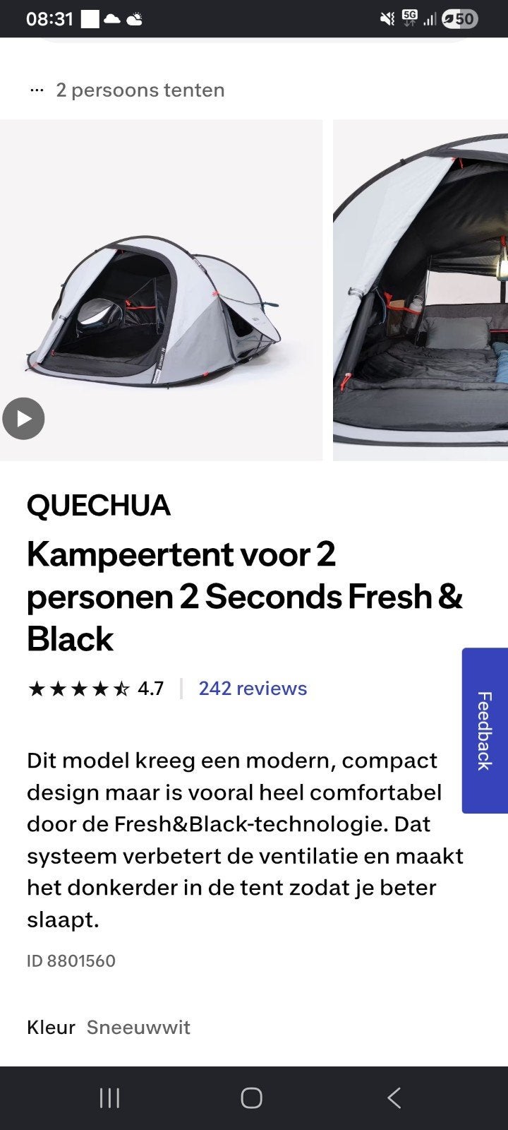 kampeertent 2 personen (black and fresh), Ophalen, Nieuw, Tot en met 2