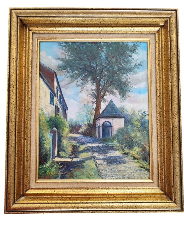 Huile sur toile encadrée, chemin pavé et chapelle, Peinture à l'huile, Enlèvement, Signé, Paysage urbain / rural