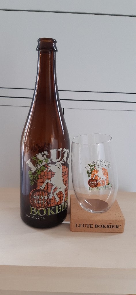 Leute Bokbier bierfles 75cl (leeg) + Origineel Tuimelglas, Verzamelen, Biermerken, Ophalen of Verzenden, Zo goed als nieuw, Flesje(s)