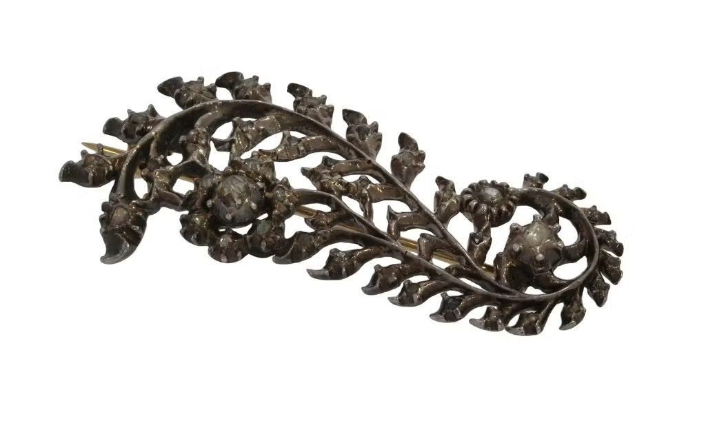 Diamanten antieke 14k gouden veer broche zilver fraai, Ophalen of Verzenden, Zilver, Broche, Met edelsteen
