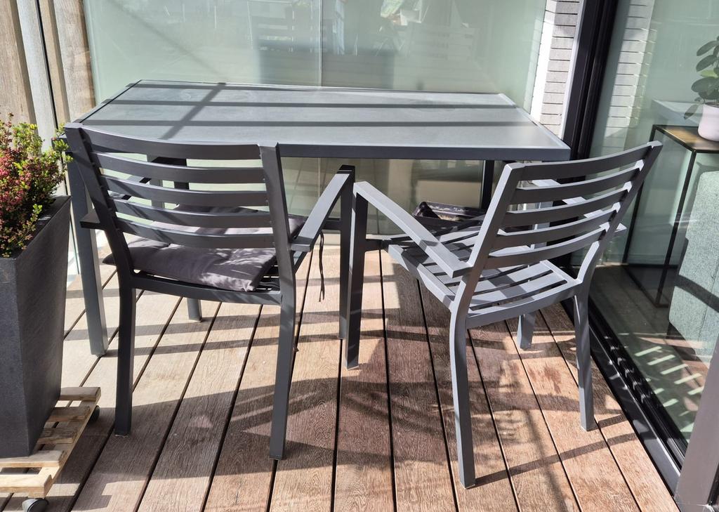 Tuintafel + 4 tuinstoelen antraciet, Tuin en Terras, Ophalen, 4 zitplaatsen, Aluminium, Zo goed als nieuw