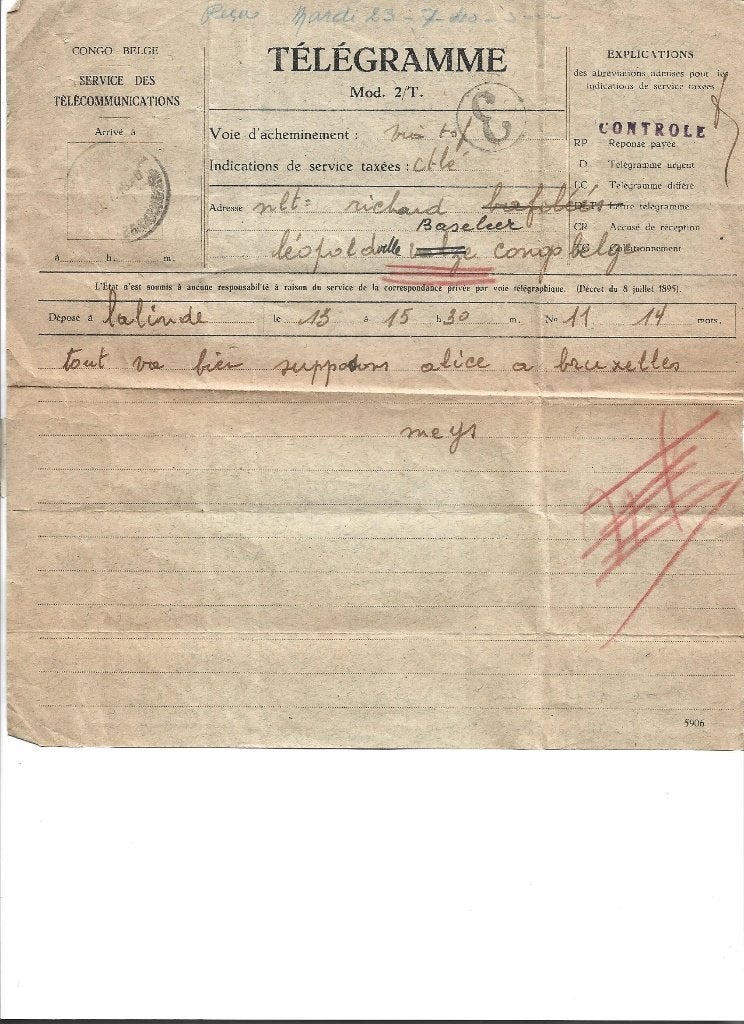 Belgisch Congo: telegram Leopoldville, Ophalen of Verzenden
