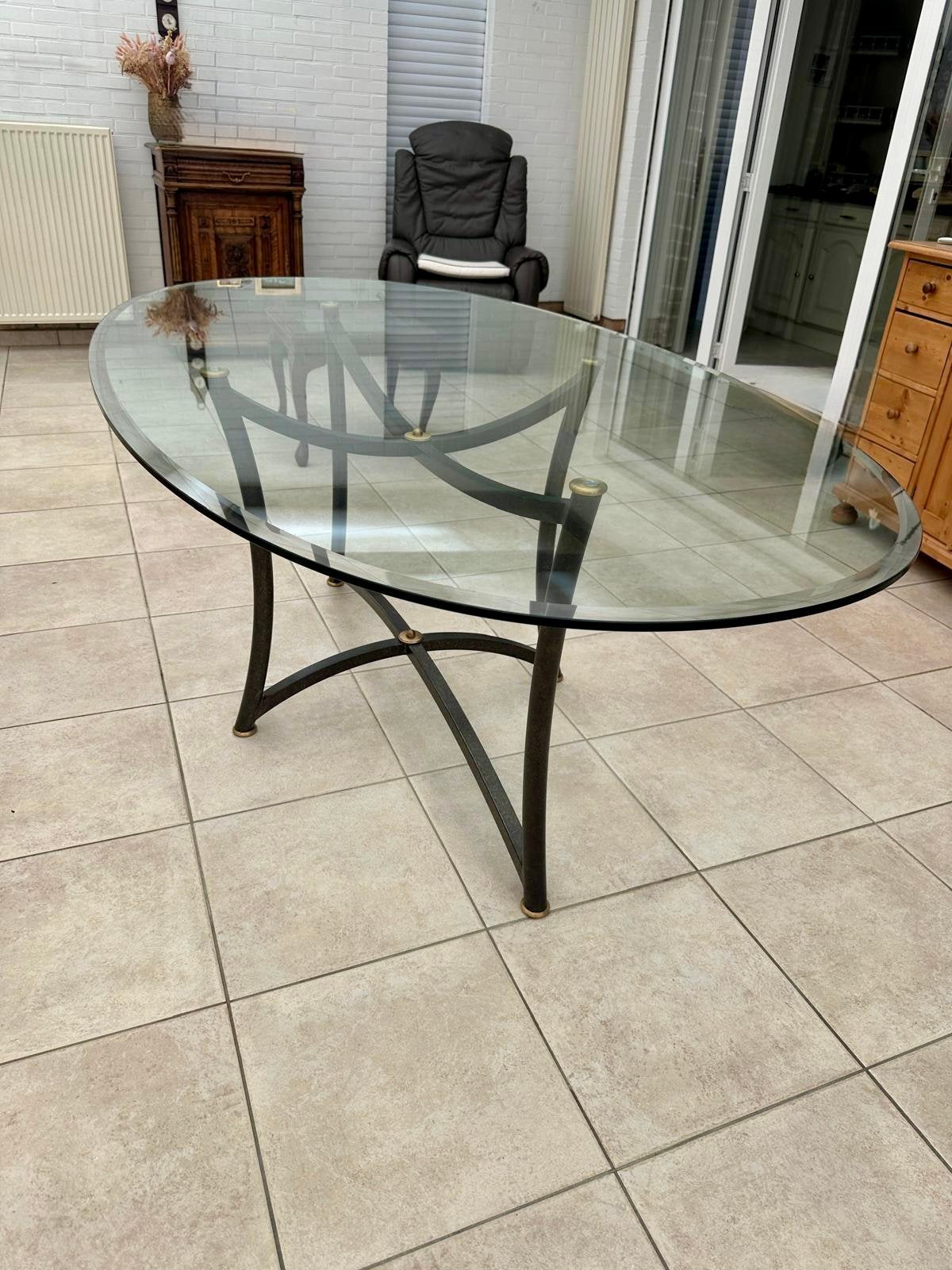 Grote eettafel glas met stalen frame, Huis en Inrichting, Ophalen, Zo goed als nieuw, Glas