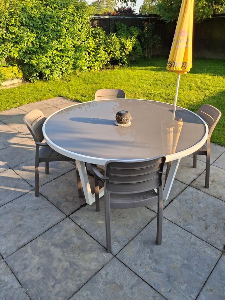 Terrastafel 150cm diameter+ 6 stoelen, Tuin en Terras, Ophalen, Gebruikt, Aluminium, 8 zitplaatsen