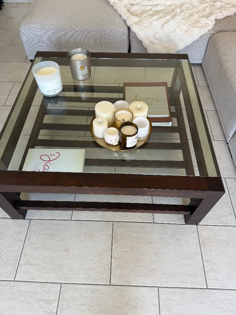 Salon tafel van hout en glas, Ophalen, Glas, Vierkant, Zo goed als nieuw