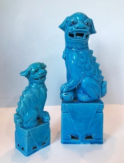 Paar Blauwe Foo Dogs Tempelleeuwen Aziatische Keramiek, Enlèvement ou Envoi