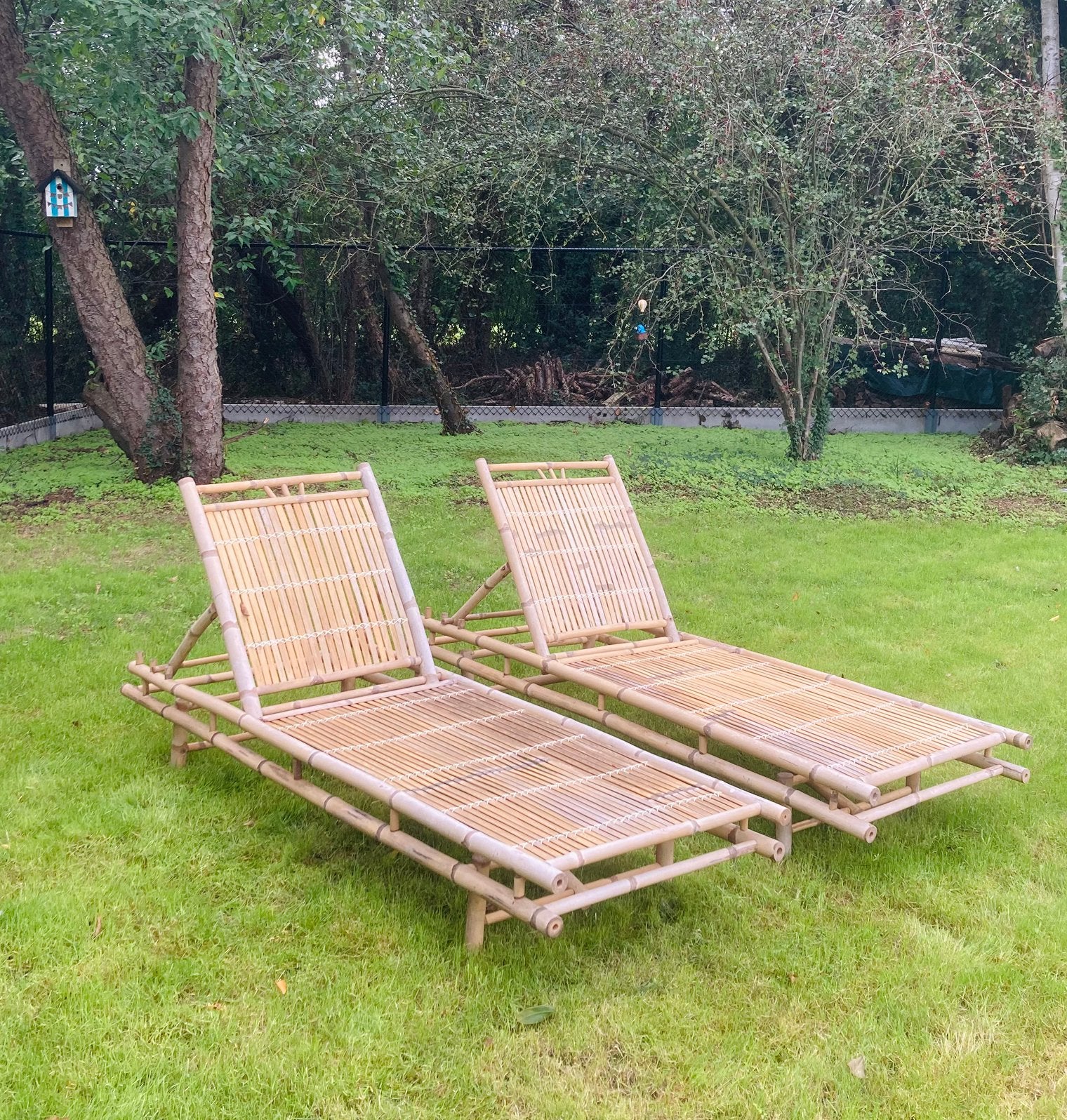 2 ligstoelen bamboe met gratis kussens, Enlèvement, Utilisé, Réglable