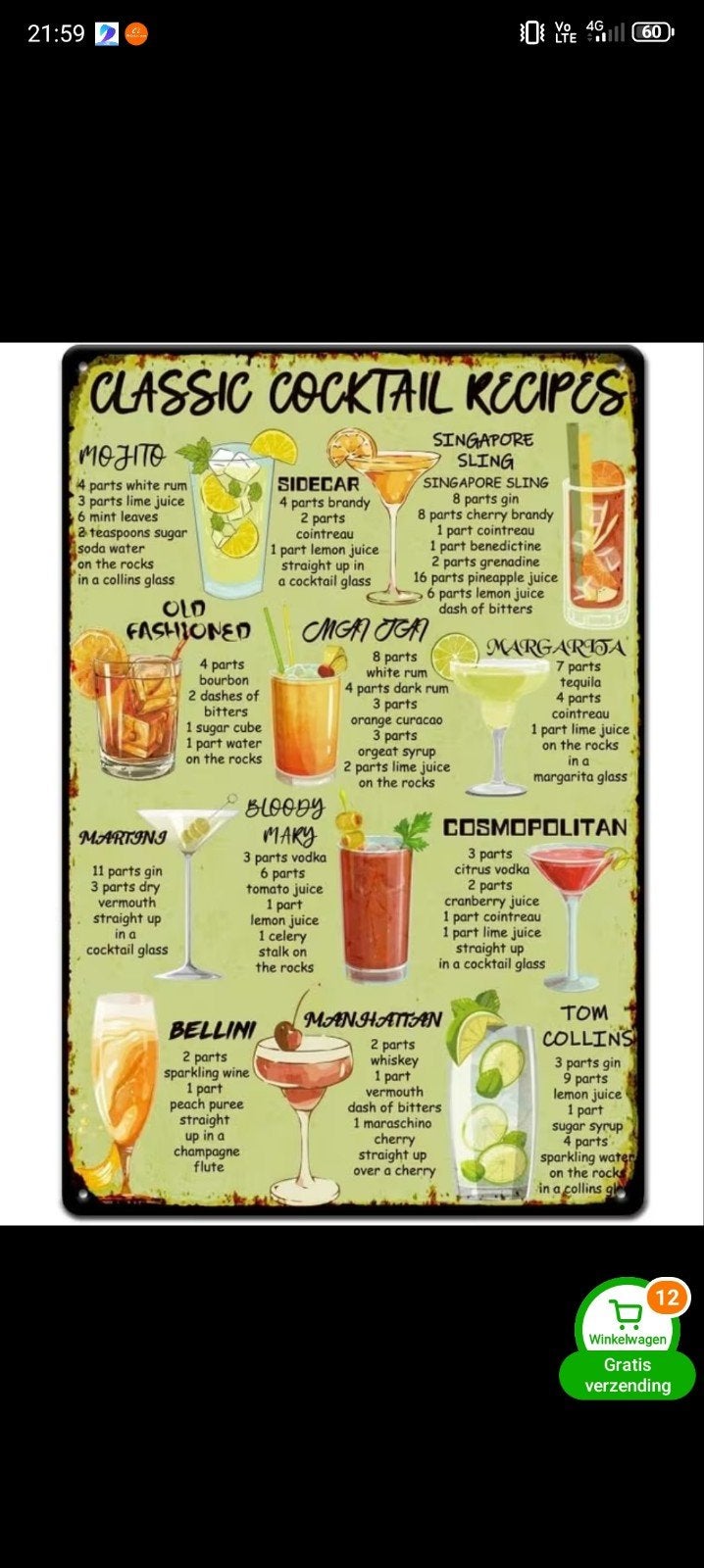 Cocktail Rezept Board., Ophalen of Verzenden