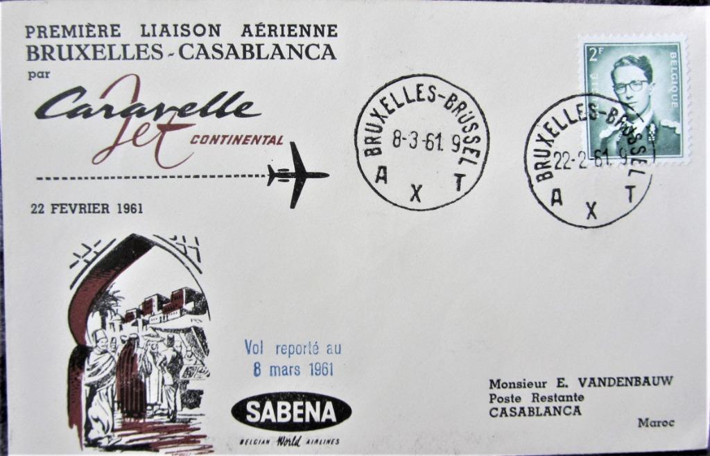 FDC SABENA- BRUSSEL- CASABLANCA 1961, Enlèvement ou Envoi, Affranchi, Avions