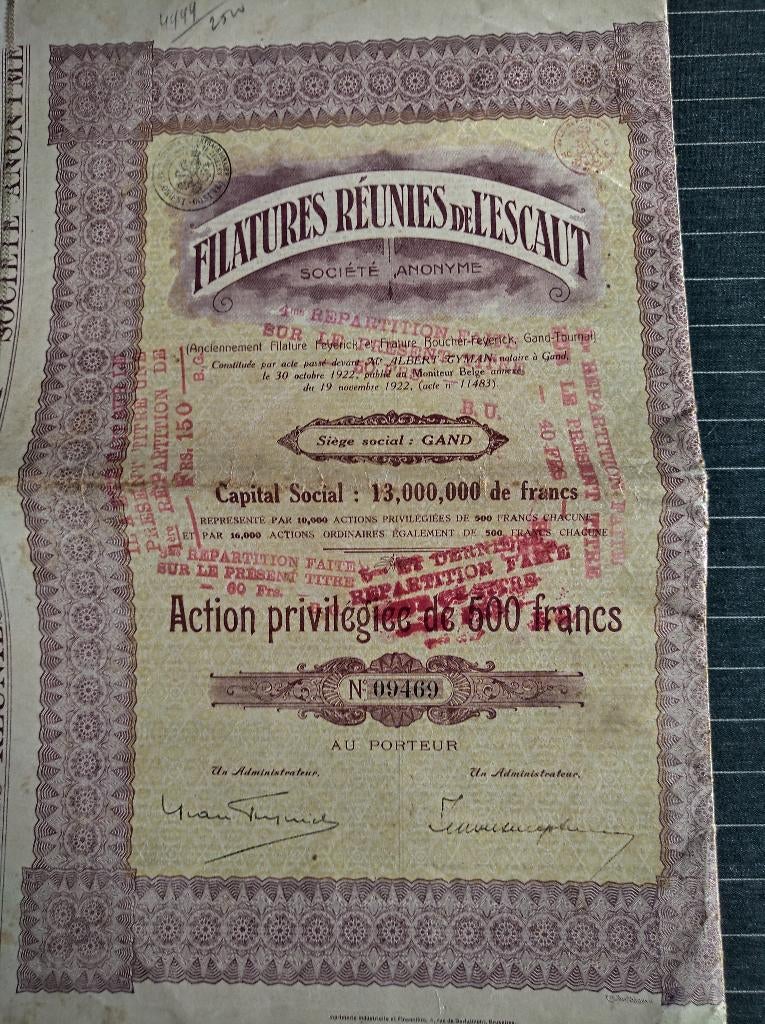 AANDELEN FILATURES REUNIES DE L'ESCAUT 1922 TE KOOP, Ophalen of Verzenden, 1920 tot 1950, Aandeel