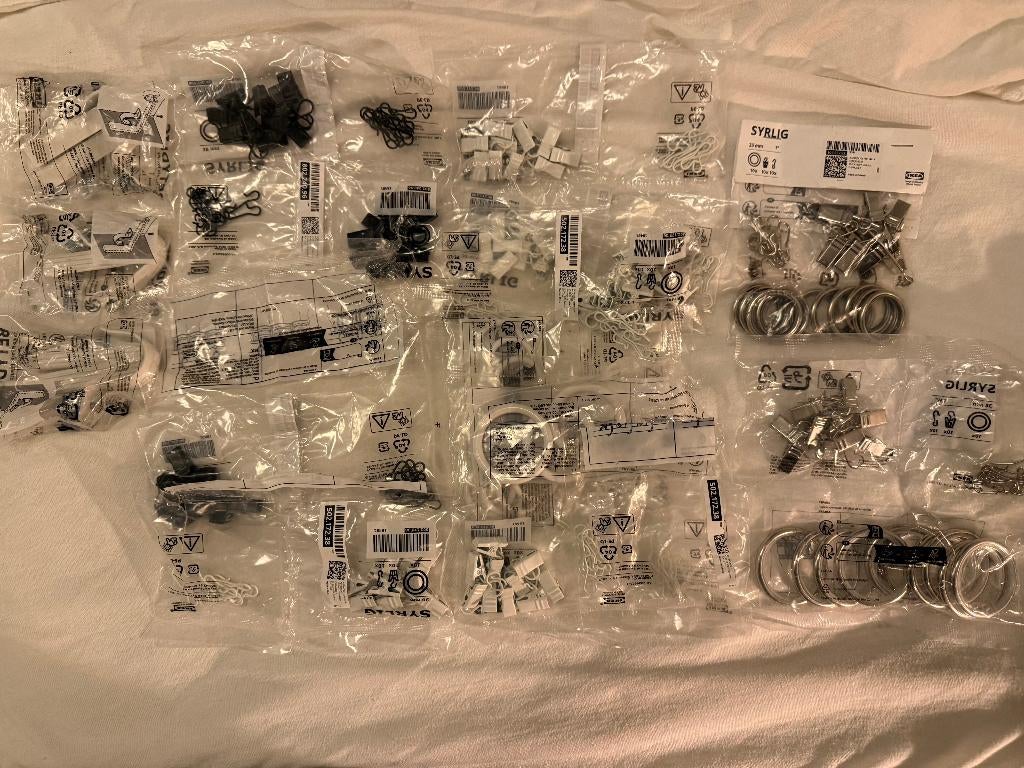 RIDEAUX, lot galets, crochets, anneaux, fixations, Envoi, Neuf, Blanc, Métal
