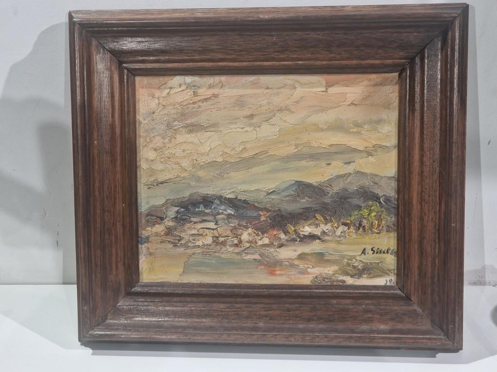 Albert Steel kunstschilder,  landschap in houten kader, Antiek en Kunst, Ophalen of Verzenden