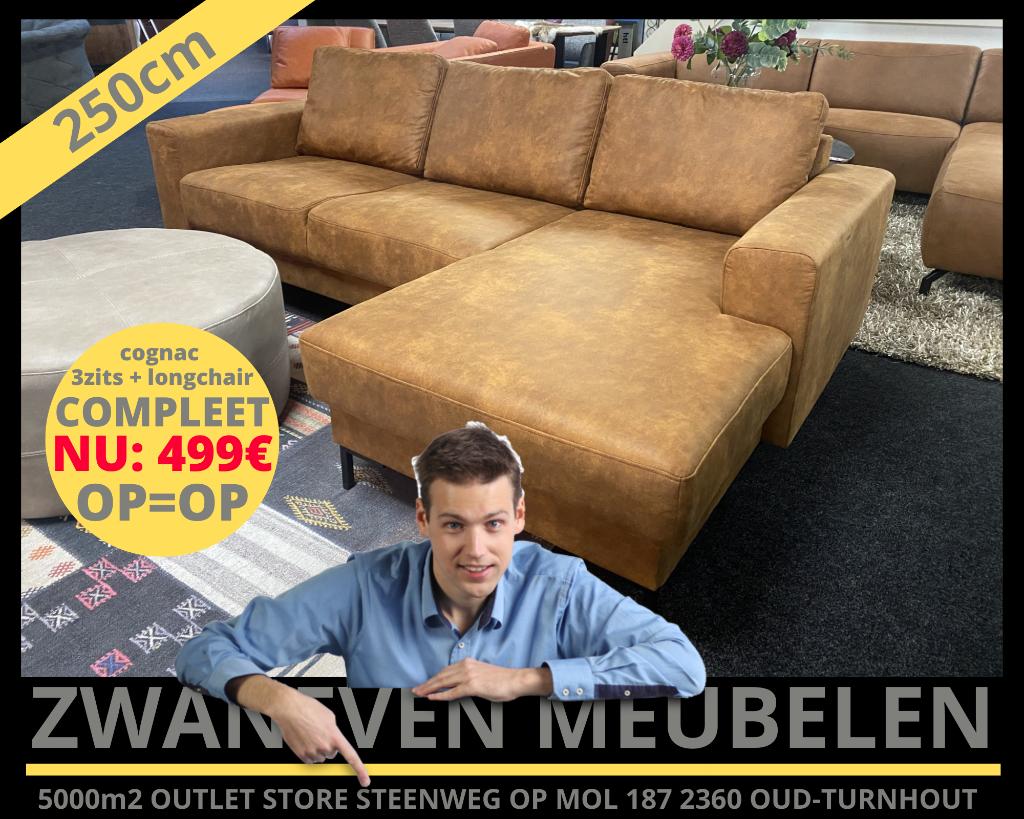 TOP AANBIEDING: 3 zits hoekbank met longchair in cognac, Huis en Inrichting, Ophalen, Nieuw, Stof