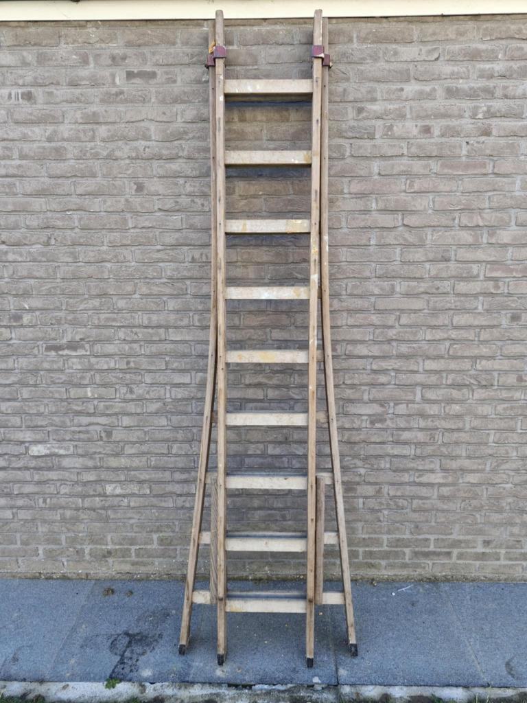 schuifladder in hout, 2 x 9 treden, Doe-het-zelf en Bouw, Ladders en Trappen, Ophalen, Gebruikt, Ladder, 2 tot 4 meter