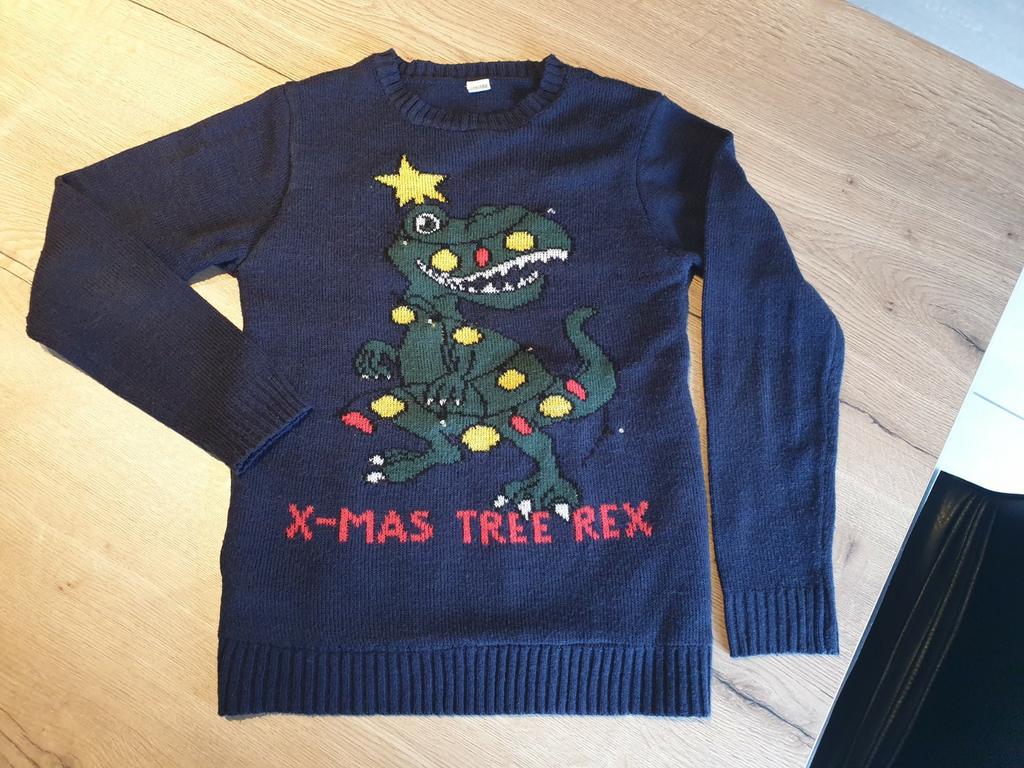 Donkerblauwe kersttrui T-rex dinosaurus, Kinderen en Baby's, Kinderkleding | Maat 146, Zo goed als nieuw, Trui of Vest, Ophalen of Verzenden