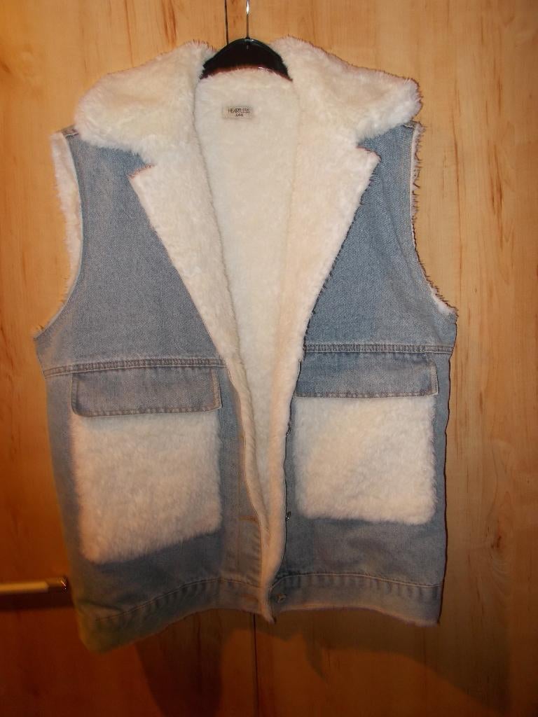 Veste sans manches en jean & fourrure bleu & blanc., Ophalen, Heartless Jeans, Blauw, Maat 42/44 (L)