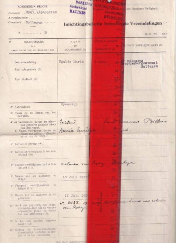ZOTTEGEM - Documenten Spaanse vluchtelingen 1937 - Baskisch, Verzamelen, Militaria | Algemeen, Overige soorten, Ophalen of Verzenden