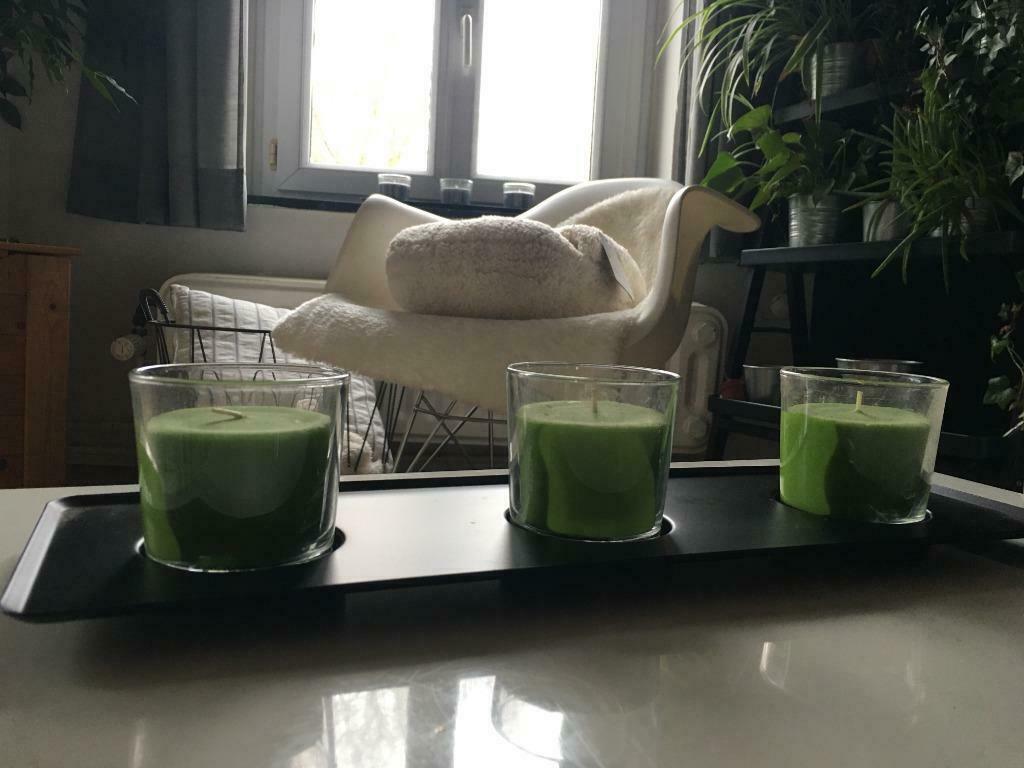 Plateau + 3 bougies verte Ikea, Enlèvement ou Envoi, Vert, Bougie, Métal