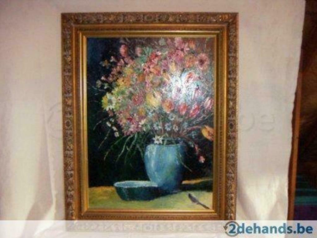 schilderij op hardboard, blauwe vaas met bloemen 74cm B x 94, Ophalen