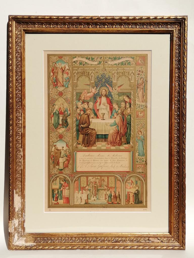 Mooi neogotisch diploma - eerste communie - Mechelen ca 1900, Ophalen of Verzenden