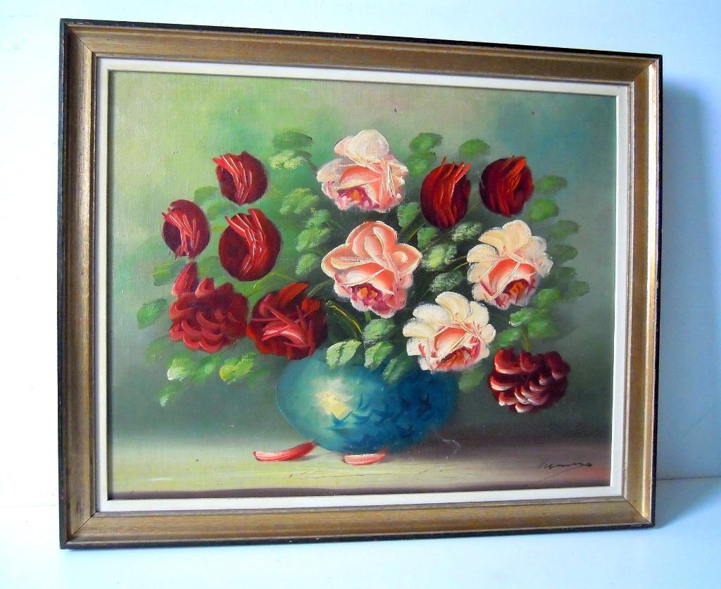Gesigneerd schilderij met rozen (olieverf), Antiek en Kunst, Kunst | Schilderijen | Klassiek, Ophalen of Verzenden