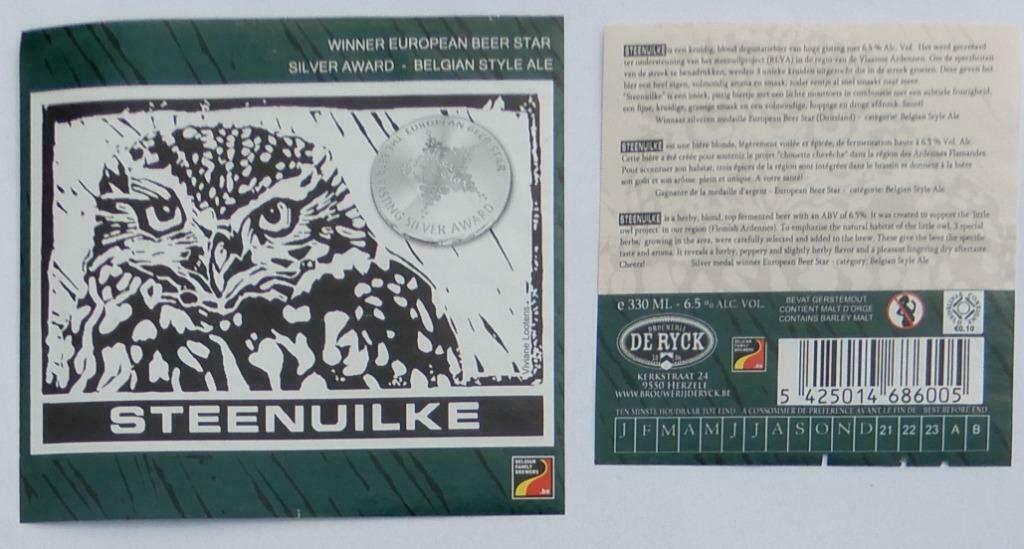 Bieretiket Steenuilke groen Brouwerij De Ryck (3r4), Ophalen of Verzenden, Gebruikt