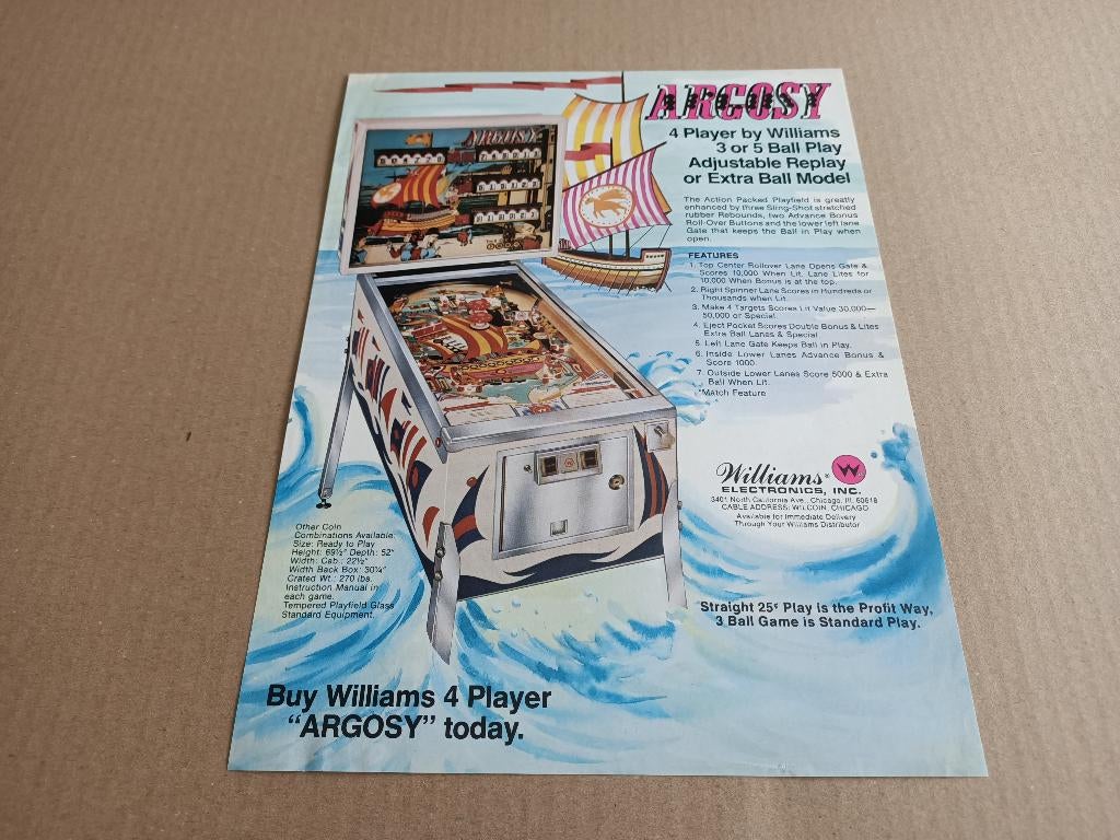 Flyer: Williams Argosy (1977) Flipperkast, Collections, Machines | Flipper (jeu), Williams, Envoi