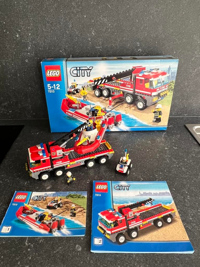 Camion de pompier et bateau tout-terrain Lego 7213, Enlèvement, Comme neuf, Ensemble complet, Lego