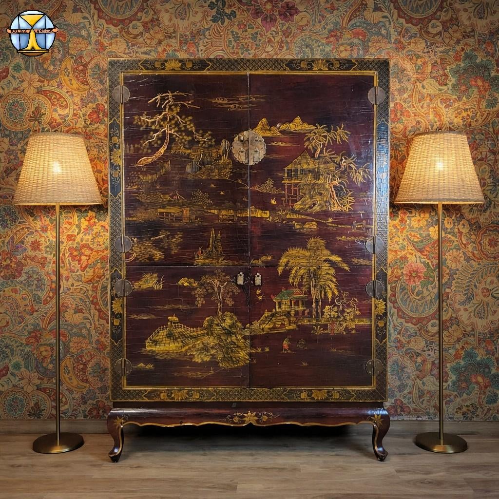 Armoire chinoise vintage (rouge/or) scène boho traditionnell, Enlèvement ou Envoi