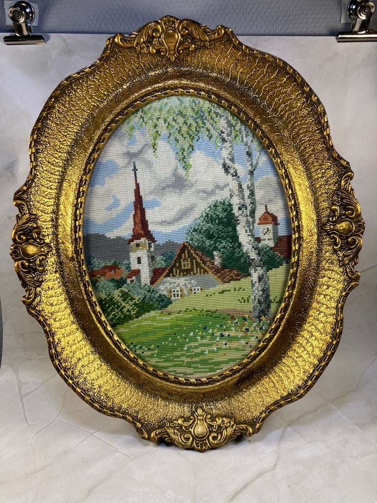 Broderie de tapisserie Paysage de village'de Wiehler Gobelin, Antiquités & Art, Art | Peinture | Classique, Enlèvement ou Envoi