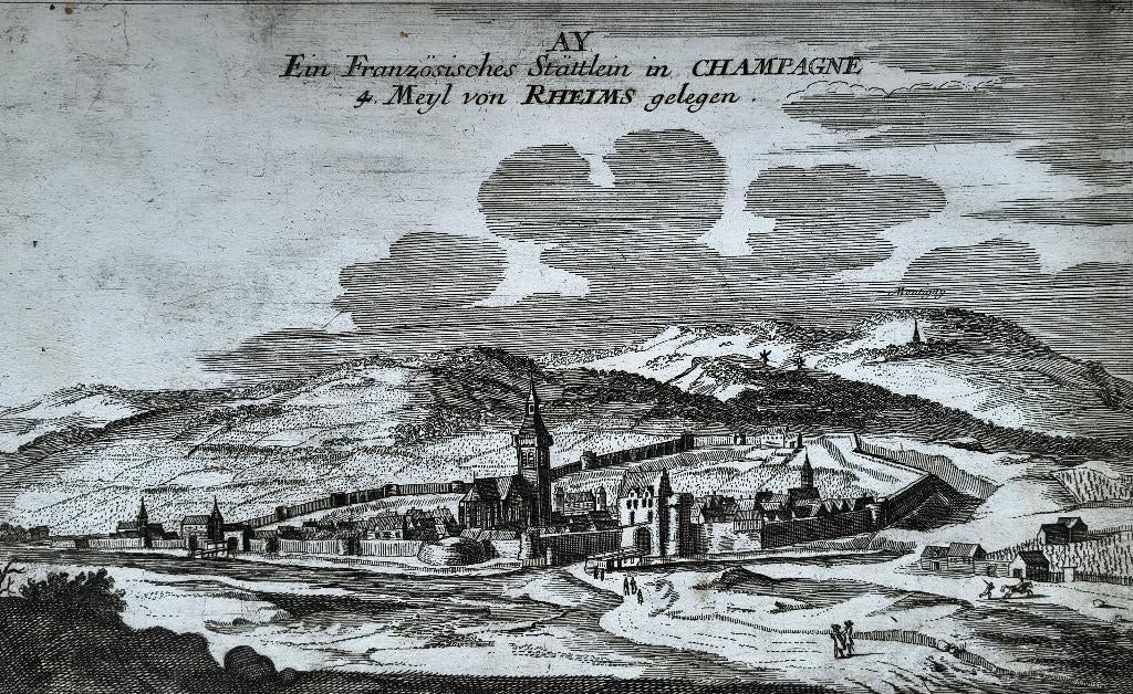 kopergravure van de Franse stad Ay (Aÿ-Champagne)., Antiek en Kunst, Kunst | Etsen en Gravures, Ophalen of Verzenden