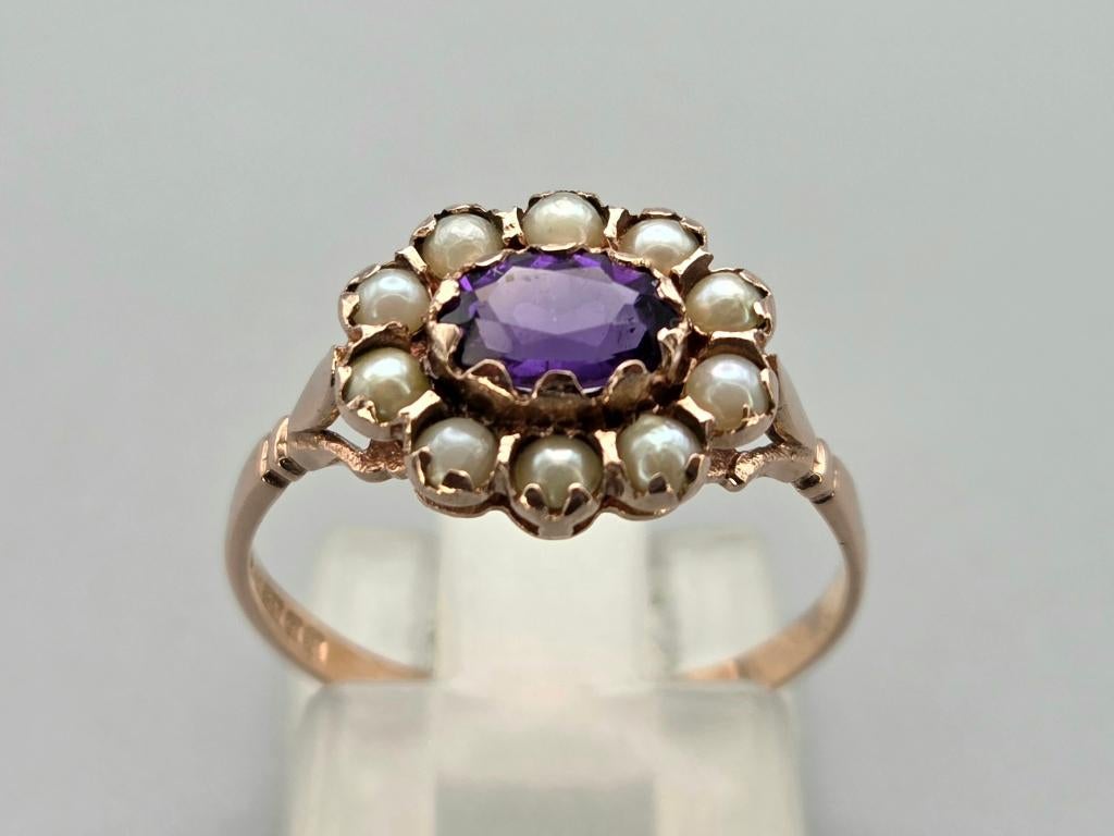 Gouden Vintage ring edelsteen amethist en zaadparel.2025/857, Bijoux, Sacs & Beauté, Bijoux anciens, Envoi, Or, Bague, Avec pierre précieuse