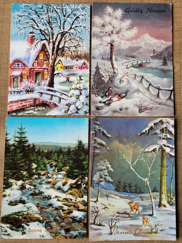 4 oude postkaarten: Nieuwjaar (jaren '60), Ophalen of Verzenden, 1960 tot 1980, Gelopen, Feest(dag)