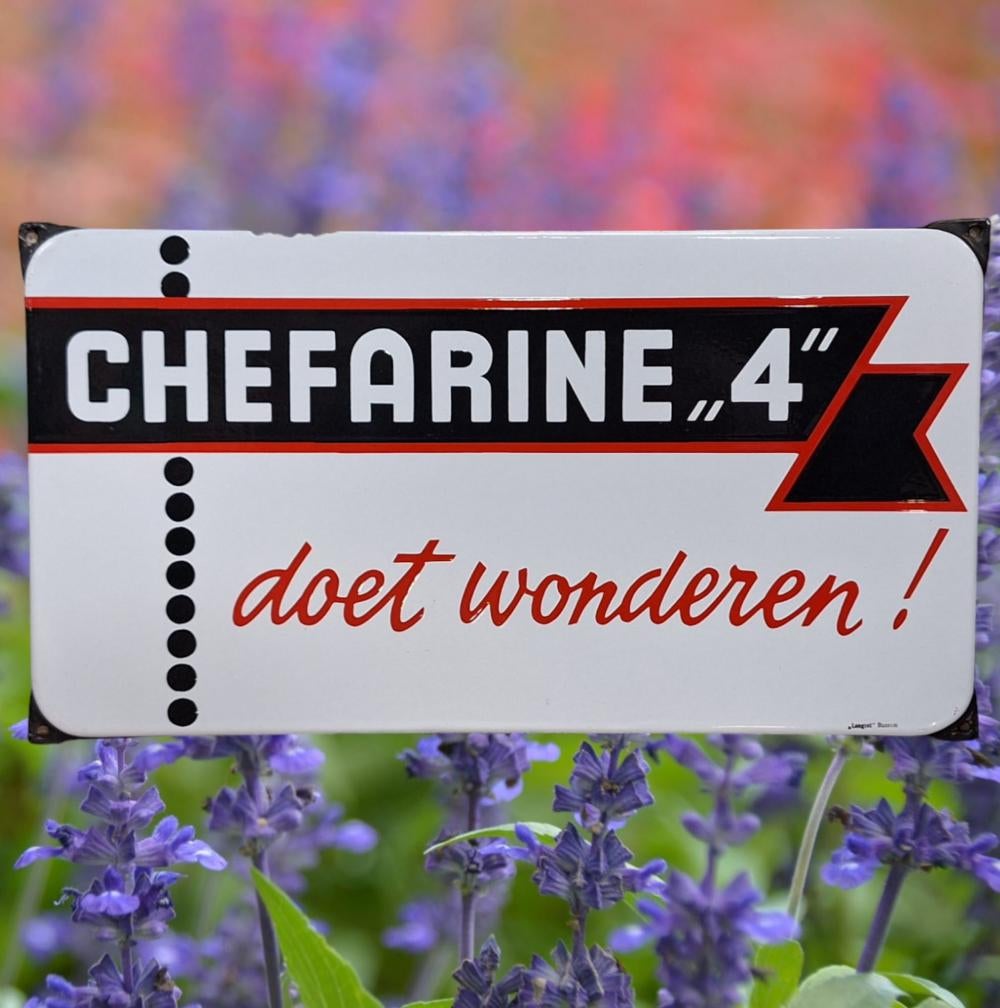 Top emaille bord van Chefarine 4, Langcat Bussum., Ophalen of Verzenden, Gebruikt, Reclamebord