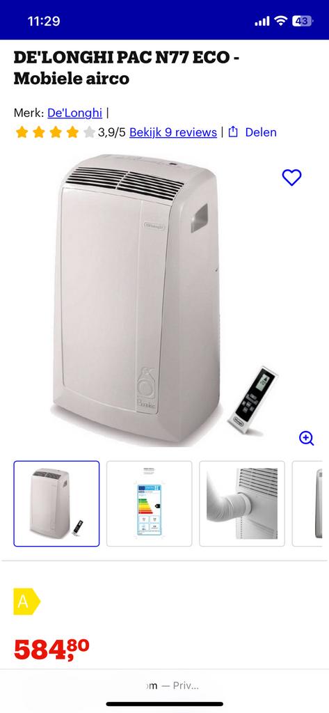 DE'LONGHI PAC N77 ECO - Mobiele airco perfect condition, Ophalen, Zo goed als nieuw, Mobiele airco