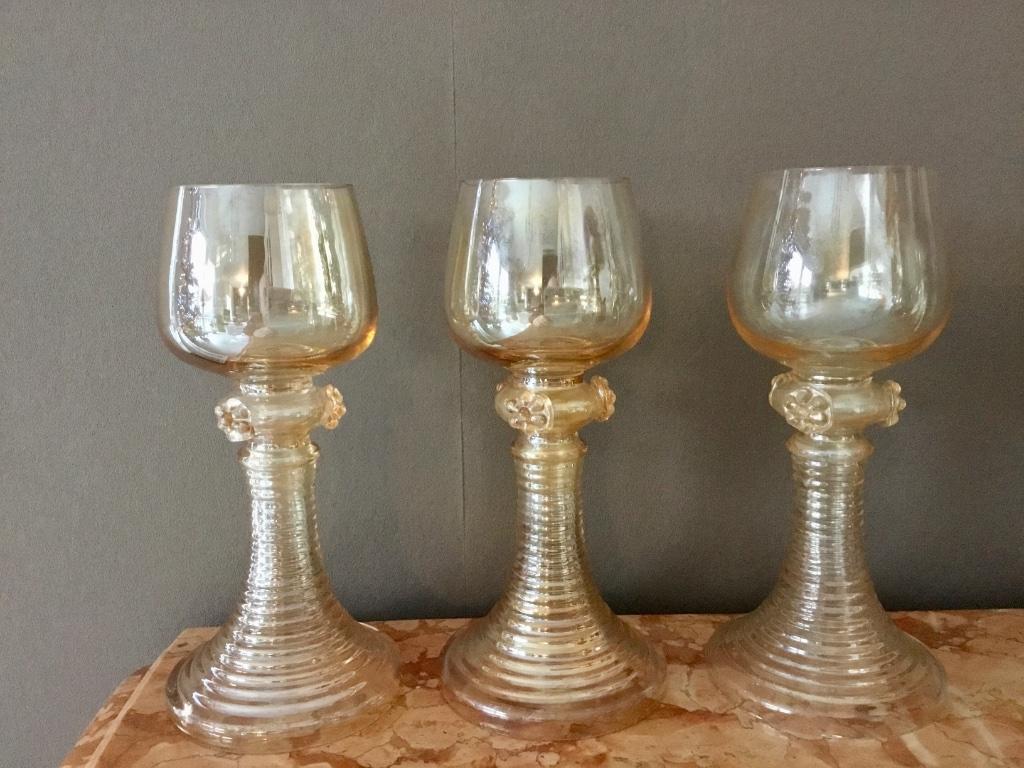 3 oude Roemer Rijnwijnglazen, kristal en rookglas, Antiek en Kunst, Ophalen of Verzenden