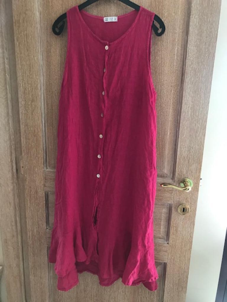 Prachtige 100% linnen fuschia jurk - mt L - oto 51cm (nr1772, Enlèvement ou Envoi, Comme neuf, Taille 42/44 (L)